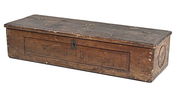 Civil War Pine Box Stamped 7th Michigan Cavalry : Civil War Pine Box Stamped 7th Michigan Cavalry 24" x 8" x 5.5" field trunk with large square cut nails and butt joints. Initials JB on front. Both sides of box with a carved star. There were three 