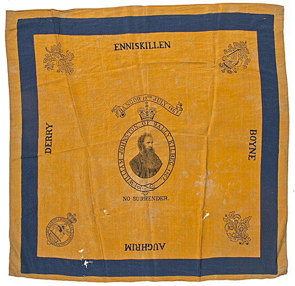 Early Irish Silk Political Flag, William Johnston : Early Irish Silk Political Flag, William Johnston of Bally Kilbeg, 1867 Silk, 32 in. square, yellow-orange field with 2 in. navy border, featuring a printed, oval-length portrait of William Johnston
