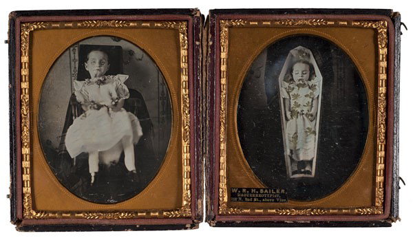 Post-Mortem Daguerreotypes of Young Children, Incl: Post-Mortem Daguerreotypes of Young Children, Including View in Casket Two sixth plate daguerreotypes of young children, presumably from the same family, lightly tinted, housed in the same case, inc