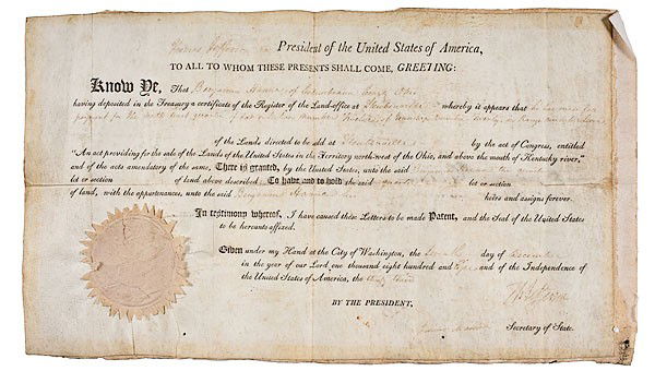 Thomas Jefferson and James Madison Signed Land Gra: Thomas Jefferson and James Madison Signed Land Grant 1p, vellum, approx. 9 x 14.5 in., with paper seal. Washington (DC), 7 December 1808. Signed by Thomas Jefferson as President (1801-1809) and Jame