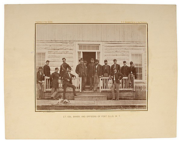 W.H. Jackson, Hayden Expedition Photograph of Offi: W.H. Jackson, Hayden Expedition Photograph of Officers at Fort Ellis, M.T., 1871 Albumen photograph, 6.75 x 8.75 in., on Department of the Interior U.S. Geological Survey mount, 11 x 14 in., with gi