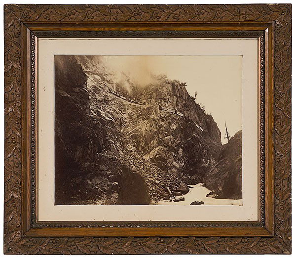 William Henry Jackson Mammoth Plate Photograph : William Henry Jackson Mammoth Plate Photograph Albumen photograph identified in lower left negative as 1077. Canon of the Rio Las Animas / W.H.J. & Co. Denver, 16.25 x 20.5 in. (sight), matted, fram