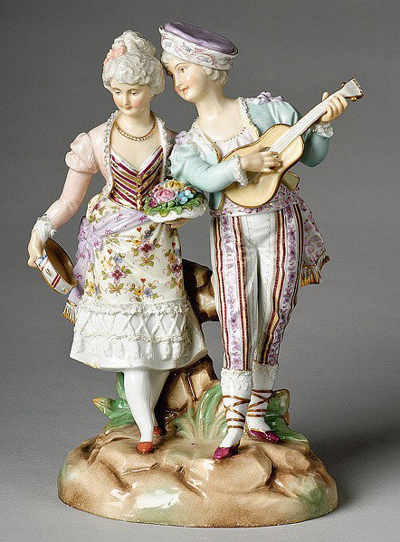 DRESDEN PORCELAIN FIGURAL GROUP : DRESDEN PORCELAIN FIGURAL GROUP German, male and female musicians, marked with crowned diamond with "RW". 11.5" high.