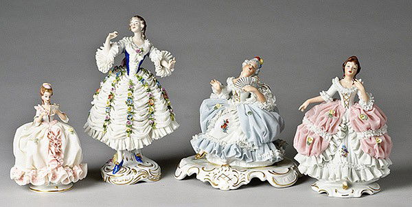 FOUR FINE DRESDEN PORCELAIN FIGURES : FOUR FINE DRESDEN PORCELAIN FIGURES German. Group of four court ladies in 18th century dress. Three marked Dresden with crowned N and one with earlier mark. 5.5" to 9" high.