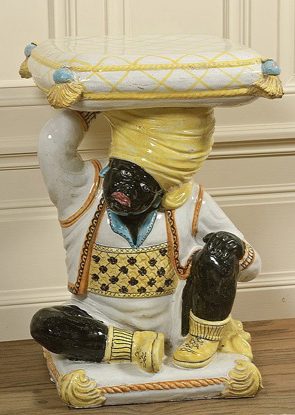 ITALIAN MAJOLICA BLACKMOOR GARDEN SEAT : ITALIAN MAJOLICA BLACKMOOR GARDEN SEAT Italian, a blackamoor polychrome seat; 15" square x 22" high.