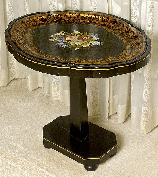 PAPER MACHE TRAY TABLE: PAPER MACHE TRAY TABLE Probably American, a painted pedestal table with a paper-mache tray inset to top; on later stand. Tray 25" wide x 20 1/2" deep. Stand 24" high.