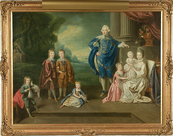 FAMILY OF GEORGE III PAINTING, AFTER ZOFFANY: FAMILY OF GEORGE III PAINTING, AFTER ZOFFANY English. After Johann Zoffany (Britian, 1733-1810). Family portrait of Britain's King George III, his wife Charlotte and their six eldest children. 34" x