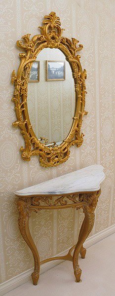 LOUIS XV-STYLE CONSOLE TABLE & MIRROR: LOUIS XV-STYLE CONSOLE TABLE & MIRROR Giltwood table with white marble top, 15" x 34" x 33" high. With mirror, 28" x 44".