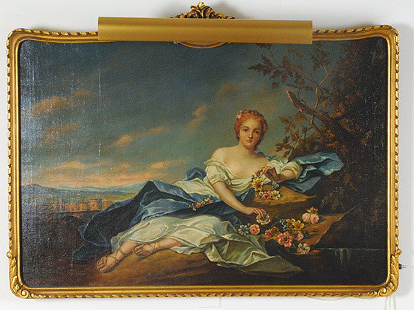 AFTER FRANCOIS BOUCHER (FRANCE) OIL PAINTING : AFTER FRANCOIS BOUCHER (FRANCE) OIL PAINTING After Francois Boucher (France, 1703-1770) of young lady in garden landscape. In original gold frame. 30" high x 44" wide. Good condition.