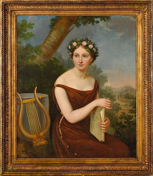 OIL PAINTING ATTRIBUTED TO CHAS. DE CASSERES : OIL PAINTING ATTRIBUTED TO CHAS. DE CASSERES Portrait of a young lady in classical dress with lyre and sheet music with landscape background, monogrammed C.D.C. 1828 in lower left. 41.5" x 35.5" in pe