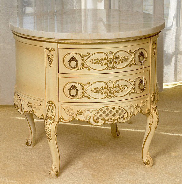 LOUIS XV-STYLE MARBLE TOP DRUM TABLE: LOUIS XV-STYLE MARBLE TOP DRUM TABLE In original painted finish with 2-drawers. 24.5" diameter x 23" high.