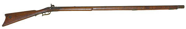 CURLY MAPLE FULL-STOCK KENTUCKY RIFLE : CURLY MAPLE FULL-STOCK KENTUCKY RIFLE Unmarked with 43" octagon barrel. Circa .45 caliber. Brass trigger guard and end cap. Percussion with engraved lock plate with front and rear sites. Total lengt