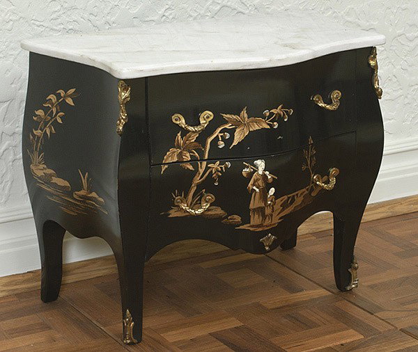 MINIATURE FRENCH COMMODE: MINIATURE FRENCH COMMODE 20th century, in bombe form with bronze ormolu mounts, Japanned decoration and white marble top. 16.5" x 9" x 13" high.