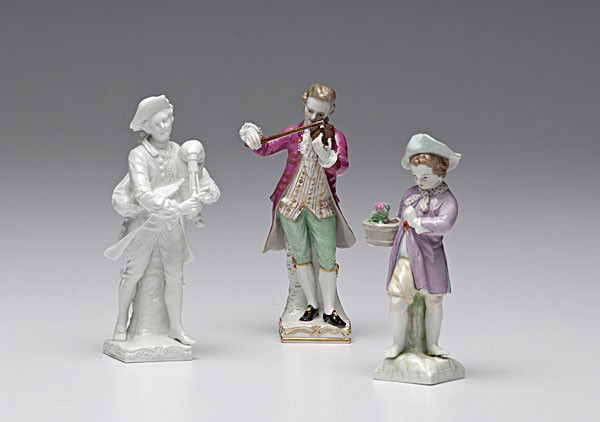 KPM Porcelain Child Figures : KPM Porcelain Child Figures German, 19th century. Three KPM figures including two children with musical instruments and one with a basket, all marked with under-glaze blue scepter and KPM with the f