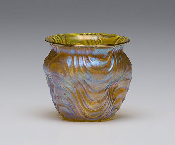 Loetz Vase : Loetz Vase Czech, a Loetz pinched form vase with a round mouth and having iridescent yellow glass, unmarked; ht. 4.25 in.