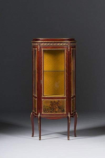 Vernis Martin-style Vitrine : Vernis Martin-style Vitrine Continental, a Louis XV-style polychromed and ormolu mounted vitrine, the case fitted with a single cupboard door with three lower Vernis Martin-style polychromed panels,