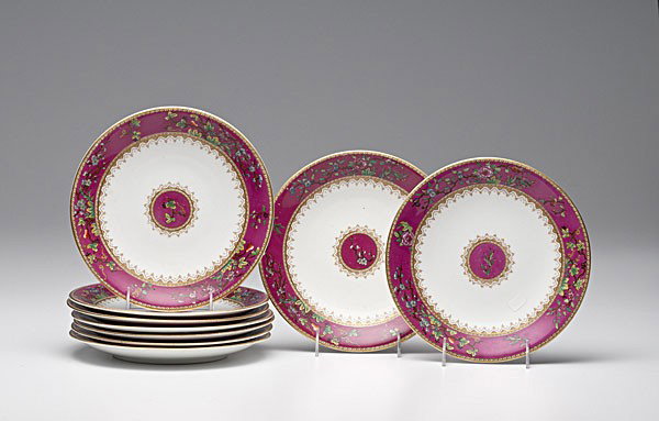 Royal Worcester Plates : Royal Worcester Plates English, nine Royal Worchester dessert plates, each with gilt rim, wide pink border with flowers, and the centers with hand-painted flowers, all hallmarked for Royal Worcester