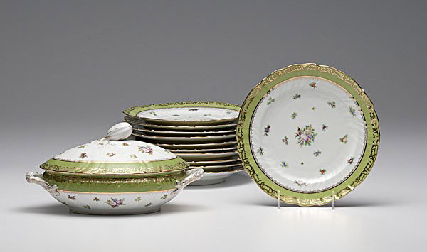 Dresden Porcelain Tablewares : Dresden Porcelain Tablewares German, ten plates and one covered tureen, each decorated with green and gilt borders, marked Dresden / 2724 / 165; plate dia. 9.5 in., tureen ht. 6, lg. 12 in.