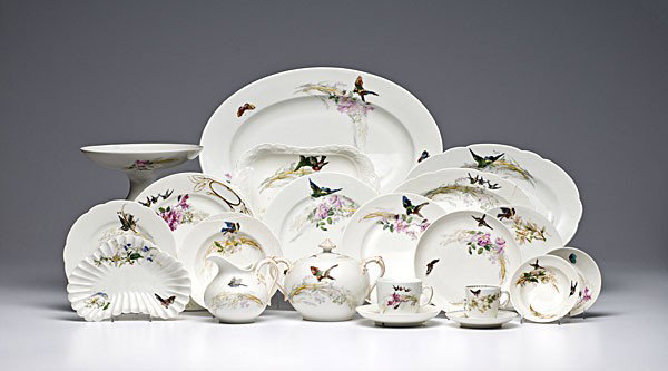 Haviland Limoges Porcelain Tablewares : Haviland Limoges Porcelain Tablewares French, ca 1900. An assembled group of seventy-six pieces of Haviland Limoges tablewares all having a white ground decorated with floral sprigs, birds, and butt