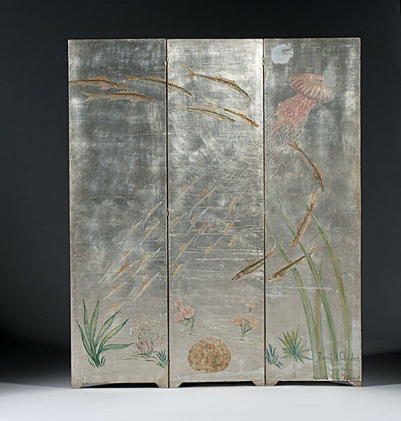 Japanese-inspired Silvered Screen : Japanese-inspired Silvered Screen An American Art Deco, Japanese-inspired painted and silvered three panel screen by Robert Winthrop Chanler (American, 1872 - 1930), with slender swimming schools of