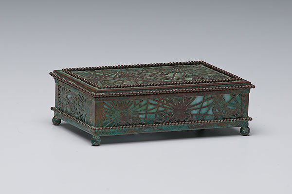 Tiffany Studios Desk Box : Tiffany Studios Desk Box American, a Tiffany Studios desk box in the pine needle pattern with green mottled glass, marked Tiffany Studios / New York; ht. 2, lg. 6.5, dp. 4 in.