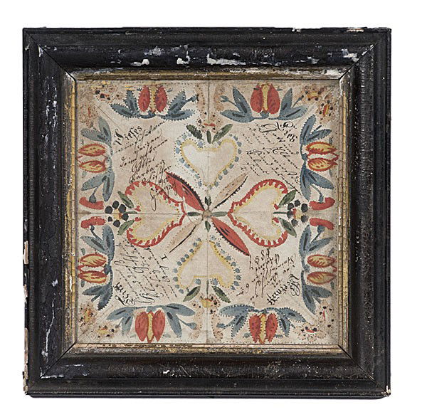 Pennsylvania German Hand-Painted Fraktur, Dated 18: Pennsylvania German Hand-Painted Fraktur, Dated 1837 Pennsylvania German, a hand-painted fraktur on paper with floral and fruit motifs, dated 1837 with German text; 7.5 x 7.5 in.