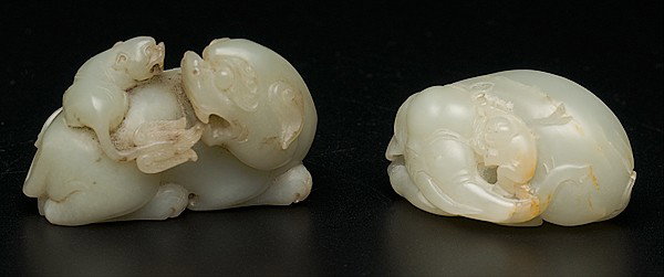 Chinese Jade Figural Carvings : Chinese Jade Figural Carvings Chinese, includes two figural jade carvings, the first a small figure climbing an elephant, and the second a foo dog, all unmarked; largest lg. 2.75 in.