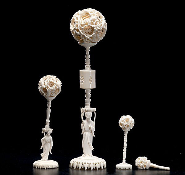 Chinese Ivory Puzzle Balls : Chinese Ivory Puzzle Balls Chinese, an assembled group of four ivory puzzle balls and one white hardstone puzzle ball, all on stands; smallest ht. 2.5, largest ht. 12.5 in.