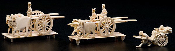 Chinese Carved Ivory Carts with Riders : Chinese Carved Ivory Carts with Riders Chinese, includes two carved ivory oxen-pulled carts, each with riders, and one carved ivory rickshaw with rider; largest lg. 5 in.