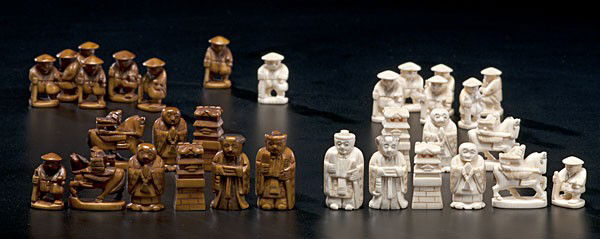Carved Ivory Chess Set : Carved Ivory Chess Set Asian, a carved and inked ivory chess set without board; largest ht. 1.5 in.