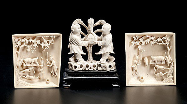 Chinese Ivory Carvings : Chinese Ivory Carvings Chinese, an assembled group of three ivory items including two relief carved vignettes with pig farmers and one figural group on a 20th century stand; figural ht. 3 in.