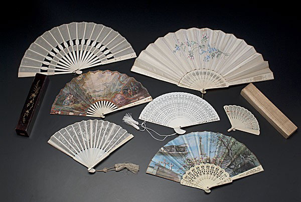Ivory Fans : Ivory Fans Continental and Asian, an assembled group of seven ivory fans, two are cased; shortest lg. 4 in., longest lg. 12 in.