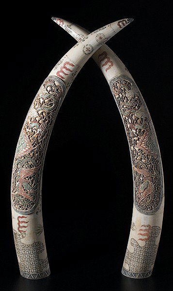 Chinese Bone Tusks : Chinese Bone Tusks Chinese, a pair of eleborately carved and polychrome inked bone tusks; lg. 50 in.