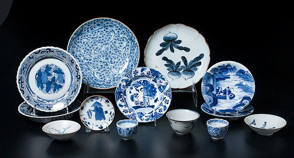 Asian Blue and White Wares : Asian Blue and White Wares Chinese and Japanese, an assembled group of thirteen tablewares including one handleless tea cup, two saki cups, two small shallow bowls, one saucer, two larger shallow bo