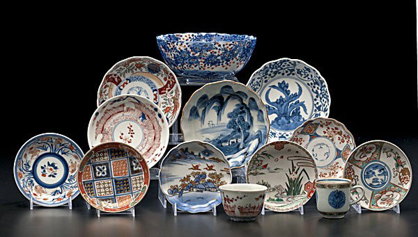 Japanese Tablewares : Japanese Tablewares Japanese, an assembled group of thirteen tablewares including one large bowl, three smaller bowls, six saucers, one teabowl and saucer, and one individual teacup, three marked; b