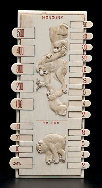 Japanese Carved Ivory Cribbage Game : Japanese Carved Ivory Cribbage Game Japanese, 20th century, a carved ivory cribbage game with working counters and carved monkeys; 6.5 x 3 in.