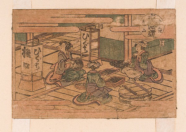 Early Edo Period Woodblock Print of Geishas : Early Edo Period Woodblock Print of Geishas Japanese, 18th century. An early Edo period woodblock print of three geishas in interior setting, signed u.r.; 4.75 x 6.75 in.