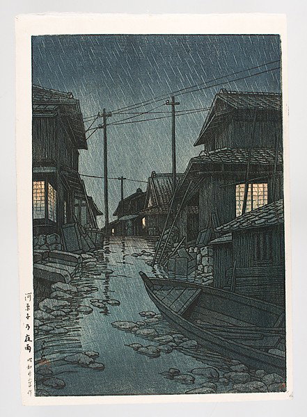 Night Woodblock by Kawase Hasui : Night Woodblock by Kawase Hasui Kawase Hasui (Japanese, 1883-1957), early printing, titled Evening Rain in Kawarago (Kawarago no yao), with 6 mm red Watanabe publisher seal l.r., signed l.l.; 14 x 9