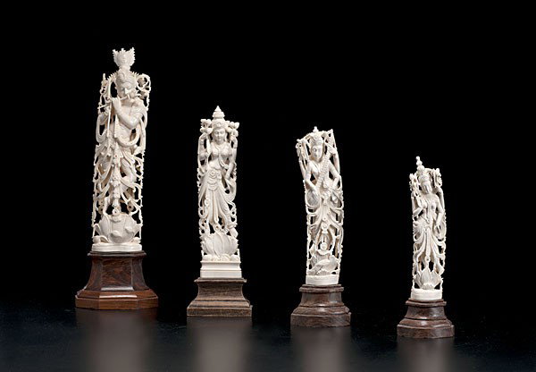 Indian Ivory Bodhisattvas : Indian Ivory Bodhisattvas Indian, an assembled group of four carved ivory tusks depicting Bodhisattva figures; smallest ht. 8, largest ht. 12.5 in.