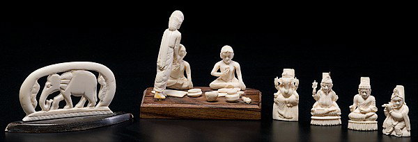 Indian Ivory Figures : Indian Ivory Figures Indian, an assembled group of ivory figures including four deities, an elephant, and a figural group eating fish; largest lg. 3.25 in.