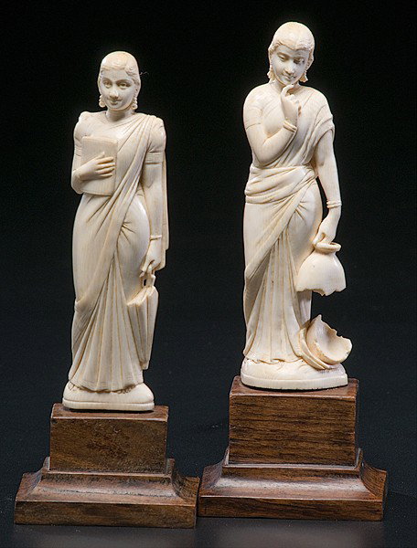 Carved Ivory Indian Figures : Carved Ivory Indian Figures Indian, late 19th century, a pair of carved ivory figures depicting figures in classical manner - one a student and the other a water carrier; ht. 8 in.