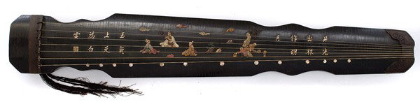 Chinese Guqin Seven Stringed Zither : Chinese Guqin Seven Stringed Zither Chinese, a lacquer wood guqin seven stringer zither with polychromed figures and calligraphic text in relief from the waist to the shoulder, as well as fringe dec
