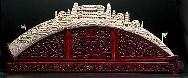 Chinese Immense Carved Ivory Tusk : Chinese Immense Carved Ivory Tusk Chinese, 20th century, an immense and intricately carved ivory tusk with pagodas in a village, on a rosewood base; tusk lg. 53, oah 20.5 in.