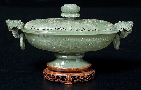 Chinese Mughal-Style Celadon Jade Bowl : Chinese Mughal-Style Celadon Jade Bowl Chinese, an oval shaped Mughal-style celadon jade bowl with cover, featuring qi-lin decoration and loose ring handles, with the cover having phoenix designs, a