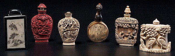 Asian Snuff Bottles : Asian Snuff Bottles Asian, an assembled group of six carved and painted snuff bottles in bone, ivory, and cinnabar, three of which are signed; largest ht. 3 in.