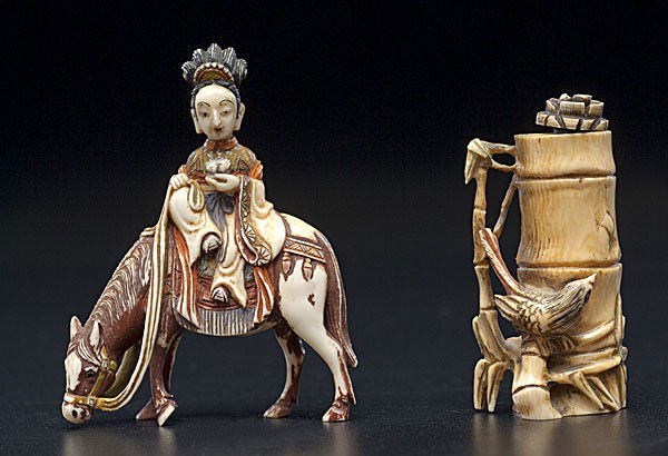 Chinese Carved Ivory Snuff Bottles : Chinese Carved Ivory Snuff Bottles Chinese, two ivory snuff bottles, including one in the shape of a bamboo stick with bird and carved rose, the other polychrome, with a lady seated side-saddle upon