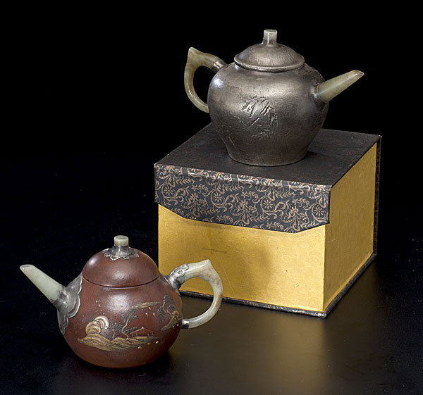 Signed Chinese Tea Pots : Signed Chinese Tea Pots Chinese, two ceramic tea pots including one with a silvered surface and one made by Wang Nan Lin, each with jade spout, handle, and finial, both with four character mark on b