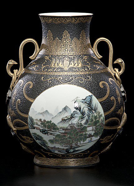 Chinese Porcelain Vase : Chinese Porcelain Vase Chinese, a bulbous double-handled porcelain vase with textured glaze and center panels with decorated painted landscapes, gold gilding of bats and stylized leaves, marked with