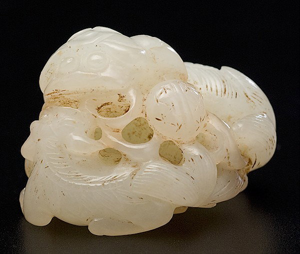 Chinese Jade Carved Boulder : Chinese Jade Carved Boulder Chinese, a jade carved boulder with foo dog carved figures; ht. 2 in.