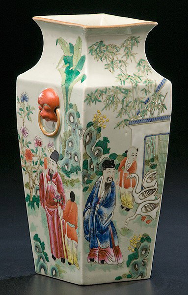 Chinese Famille Rose Square Vase : Chinese Famille Rose Square Vase Chinese, a famille rose square vase with polychromed figures in a landscape, with Daoguang mark on bottom; ht. 11.5 in.